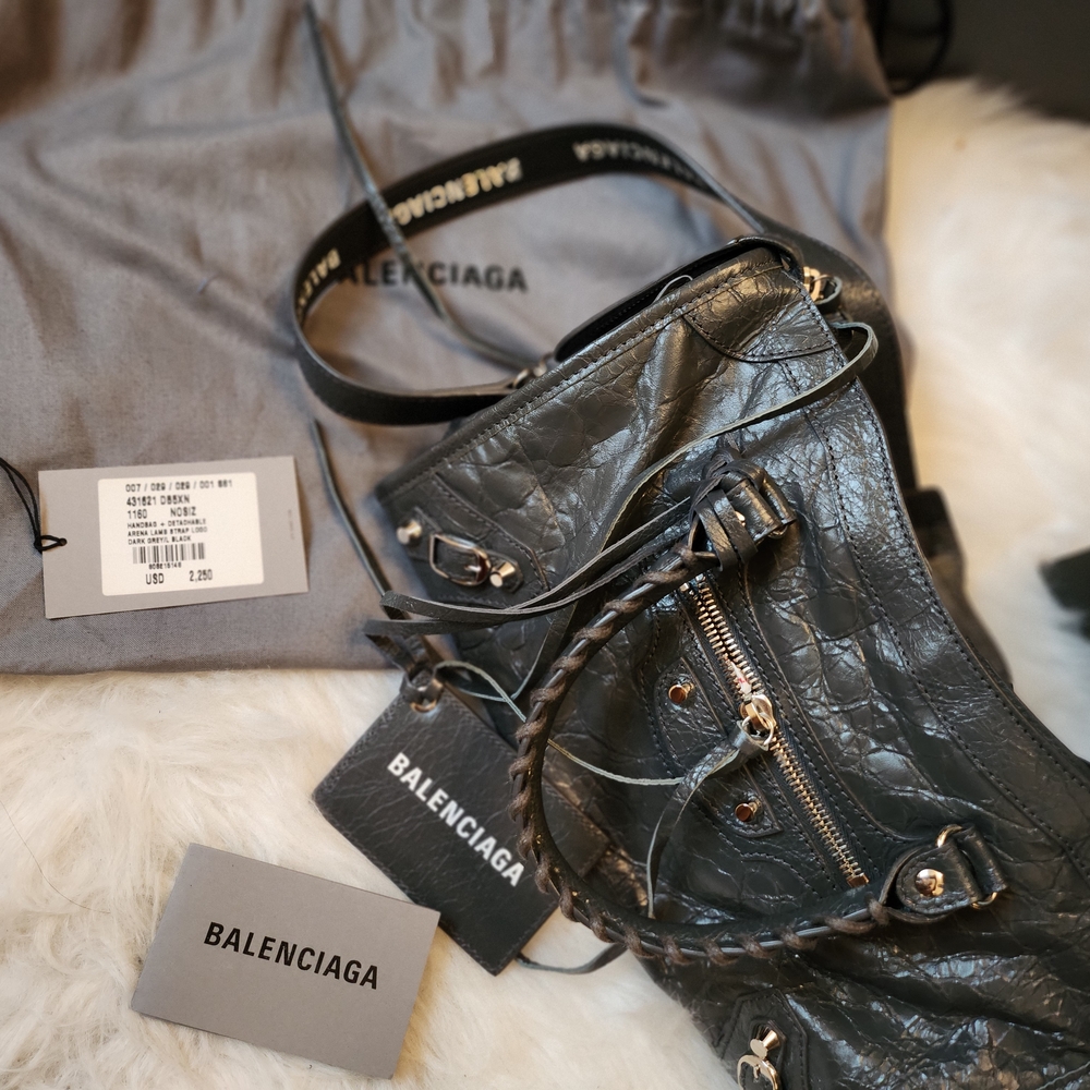 Balenciaga Small CITY Dark Grey Leather Handbag With LOGO Strap.